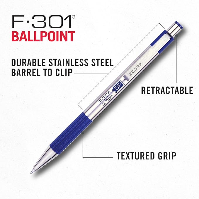 Zebra Pen F-301 Ballpoint Blue Ink Fine Point 0.7mm Stainless Steel Retractable - Image 4