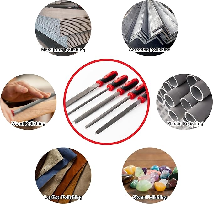 MAXPOWER 10-inch Metal File Set, 5 Pieces Hand Files Including Flat, Round, Half-Round, Triangle and Square, Soft Grip Handle, File Set for Wood, Metal Work and DIY