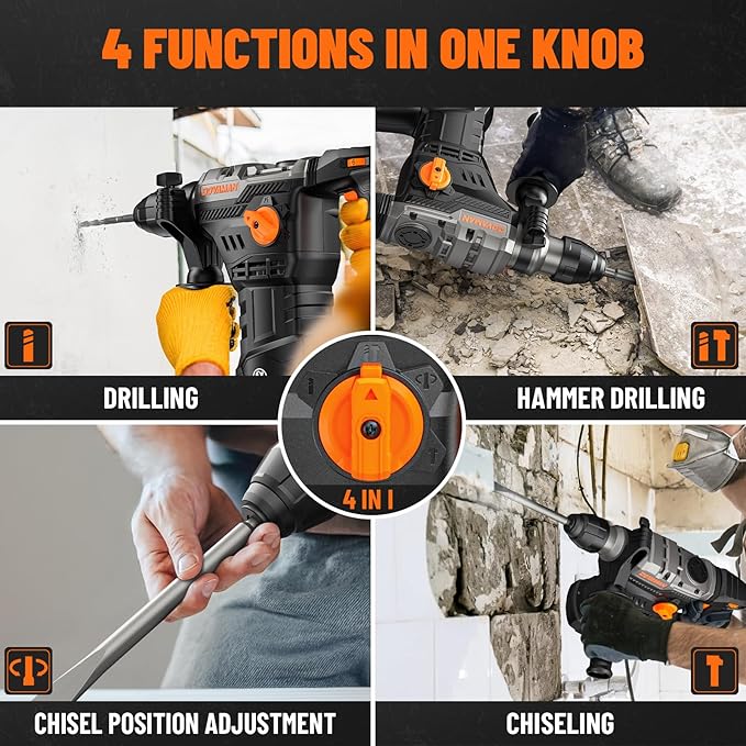 RH15A 1-9/16'' SDS-Plus Rotary Hammer Drill, 12.5Amp Heavy Duty Rotary Hammer with 4 Functions, Safety Clutch, Vibration Control, Corded Demolition Hammer for Concrete, Drill Bits and Chisels Included