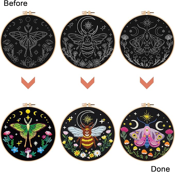 Nuberlic 3 Pack Embroidery Kit for Adults Beginners, Stamped Cross Stitch Moth - Image 6