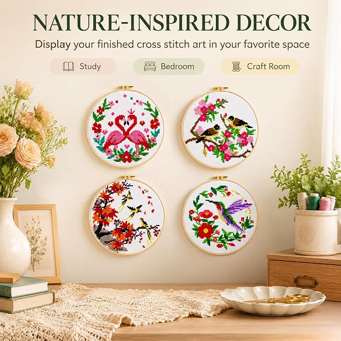 Zhenqing 4 Bird Circle Cross Stitch Kit 11CT Pre-Printed Floral Bird Embroidery - Image 5