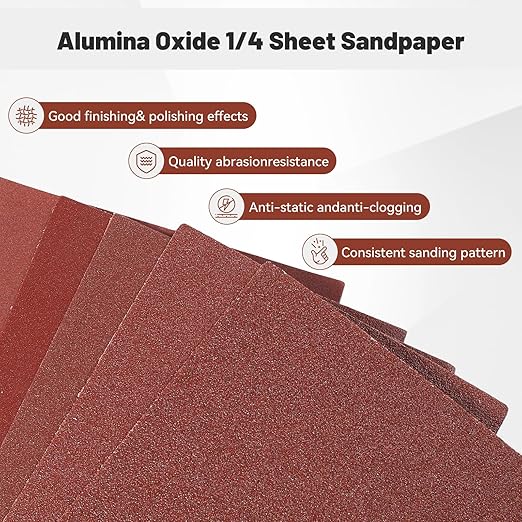 1/4 Sandpaper Sheet – 4-1/2” x 5-1/2”, P60 Grit, Red Aluminum Oxide, Plain Backing, 50-Pack – Sandpaper Sheets for Palm Sanders and Woodworking