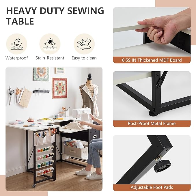 59" Folding Sewing Table with Adjustable Tabletop and Foldable Side Shelf | - Image 5