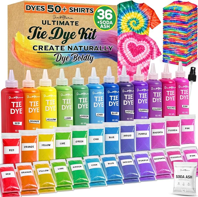 Jim&Gloria Tie Dye Kit, 36 Tiedye Powder 12 Larger Bottles Fabric Dyes by JimGloria