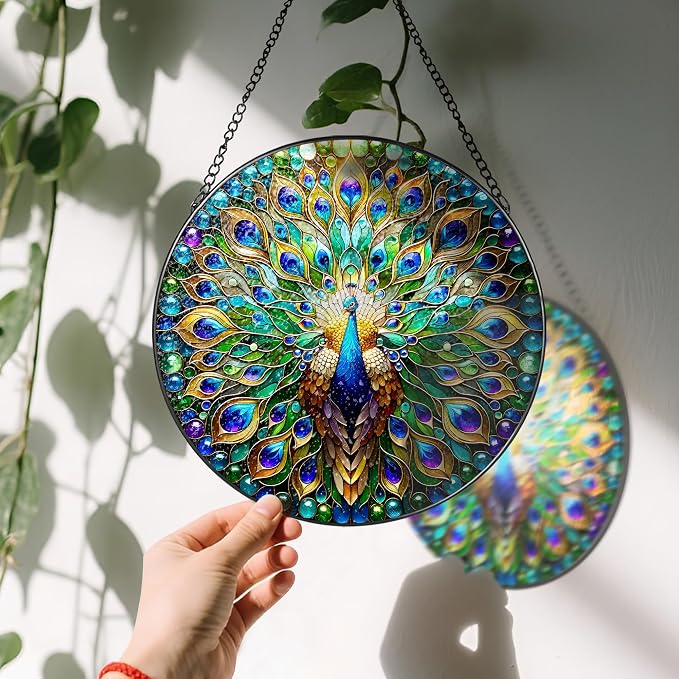 Stained Glass Window Hanging, LAOWEIKI 8'' Peacock Suncatcher, Stained Glass - Image 3