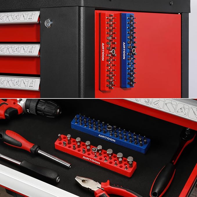 AIRTOON 2PCS 1/4" Magnetic Hex Bit Holder, 43 Holes Bit Storage with Strong Magnetic Base, Magnetic Screwdriver Bit Organizer, Red and Blue