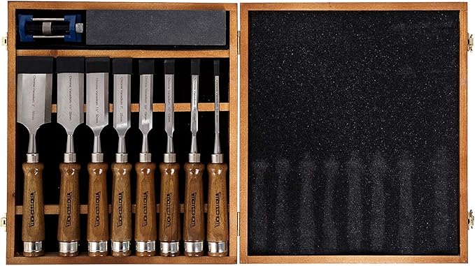 10-Pieces Woodworking Wood Chisel Set with Wooden Box, Honing Guide, Sharpening Stone, Razor Sharp CR-V 60 Steel Blades