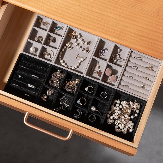 Frebeauty Small Jewelry Tray Set,Stackable Velvet Jewelry Organizer Tray,Mini Jewelry Drawer Organizer,Drawer Inserts,4.92 x 3.74 x 0.9 Inches,6 Grid Earring Organizer for Women(Set 2,Black)