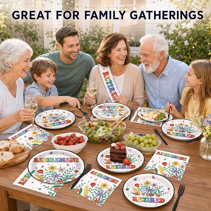 100 Pcs Flower Retirement Party Plates and Napkins Set Happy Retired Birthday - Image 7