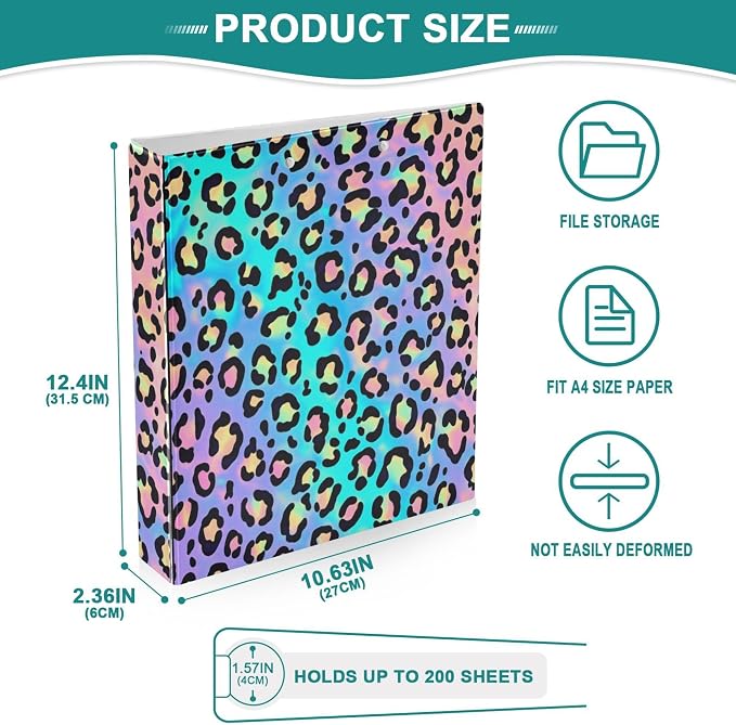 Colorful Cheetah Round Ring Binders 1.5 Inch Leopard Purple 3 Ring Clipboard - Image 4
