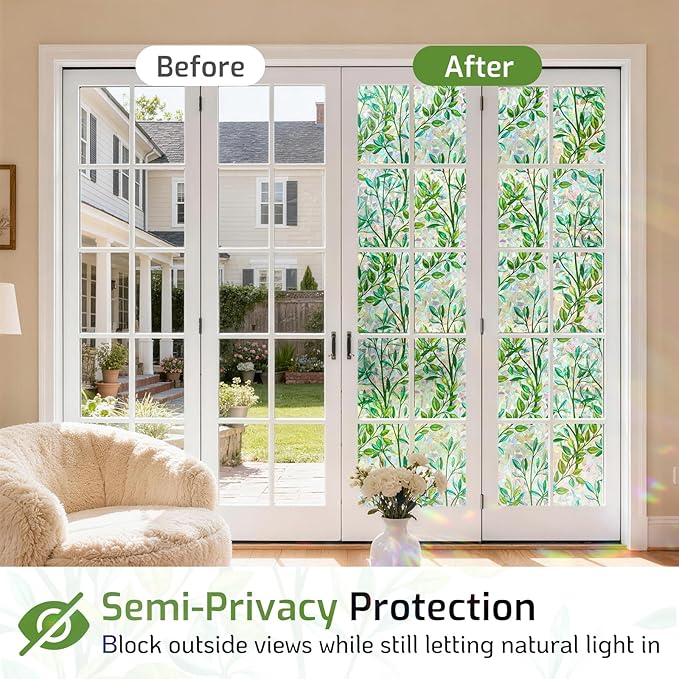 LUTE Stained Glass Window Privacy Film, Leaf Rainbow, 35.4" X 78.7" | No Glue - Image 4