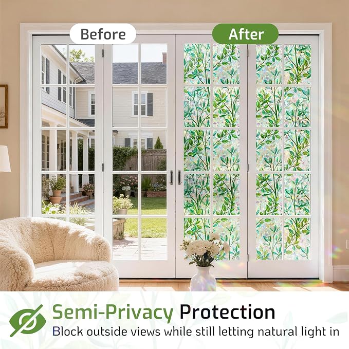 LUTE Stained Glass Window Privacy Film, Leaf Rainbow, 17.5" X 157.4" | No Glue - Image 4