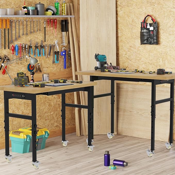 60'' Adjustable Workbench, Solid Wood Work Bench Table with Wheels and Power Outlet, Rolling Workbenchs with Drawers, Large Load Capacity Garage Workbench for Workshop,Office,Home