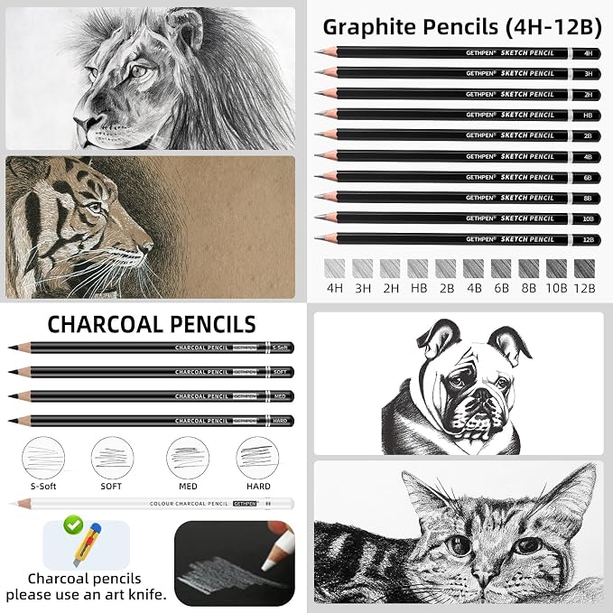 GETHPEN Drawing Sketching Pencil Set, Graphite 12B-4H Charcoal Pencils - Image 2