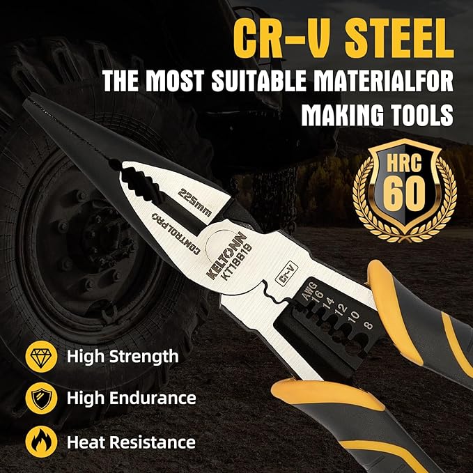 Multi-Function Needle Nose Pliers with Cutting, Stripping, Crimping and Gripping, 9-inch 6-in-1 Cr-V Steel Combination Pliers for Electricians and Homes