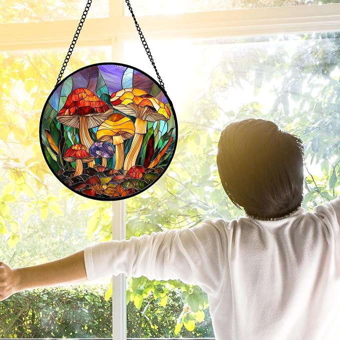 DASTOLL Stained Glass Window Hanging, Jungle Mushrooms Sun Catchers Diamond - Image 2
