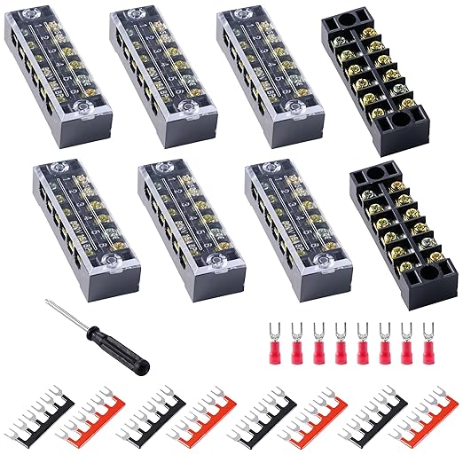 Terminal Block (8 Sets) 8Pcs 6 Positions Dual Row 600V 15A Screw Terminal Strip Blocks with Cover&8Pcs Pre-Insulated Barrier Termina Block Strip& 48Pcs Insulated Fork Wire Connector