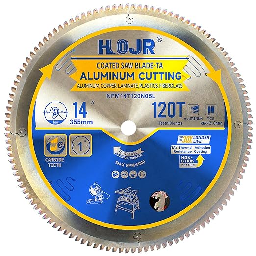 Aluminum Cutting Circular Saw Blade, Thin Aluminum,The Cutting Head uses a Special Anti-Heat Sticking Coating with high Finish and Long Life,NFM 14 inch 120-Tooth 1" -TA