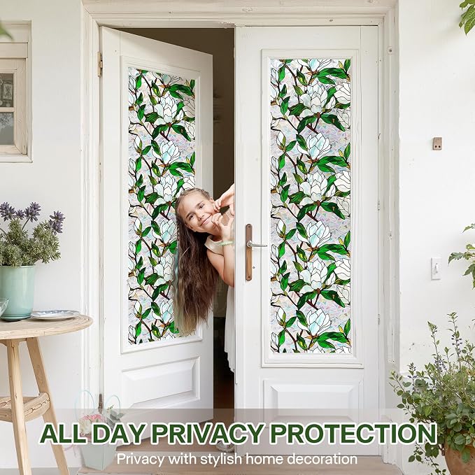 Stained Glass Window Film UV Resistant Window Privacy Film White Floral Privacy - Image 2