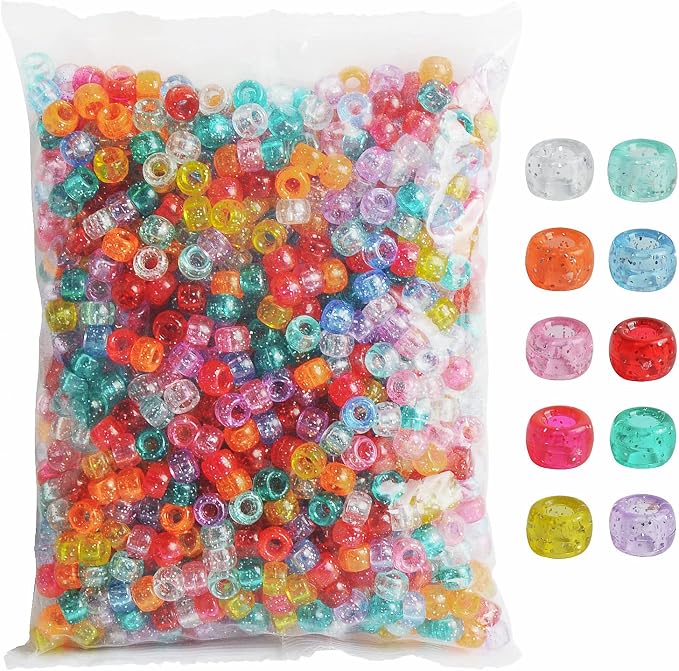 Simetufy 1200 pcs Pony Beads 6x9mm Glitter Clear Plastic Beads Transparent Beads by Simetufy