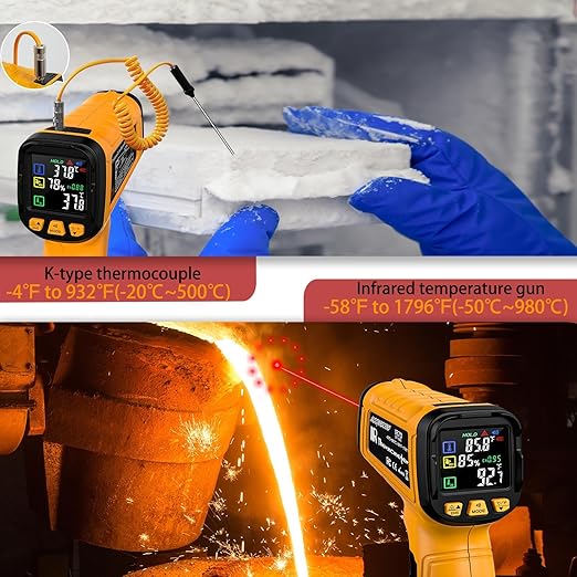 50:1 Infrared Thermometer Temperature Gun, Dual-Mode Temp Gun -58°F to 1796°F, with K-Type Thermocouple for Internal Readings, for Kilns, Industrial, and HVAC Applications