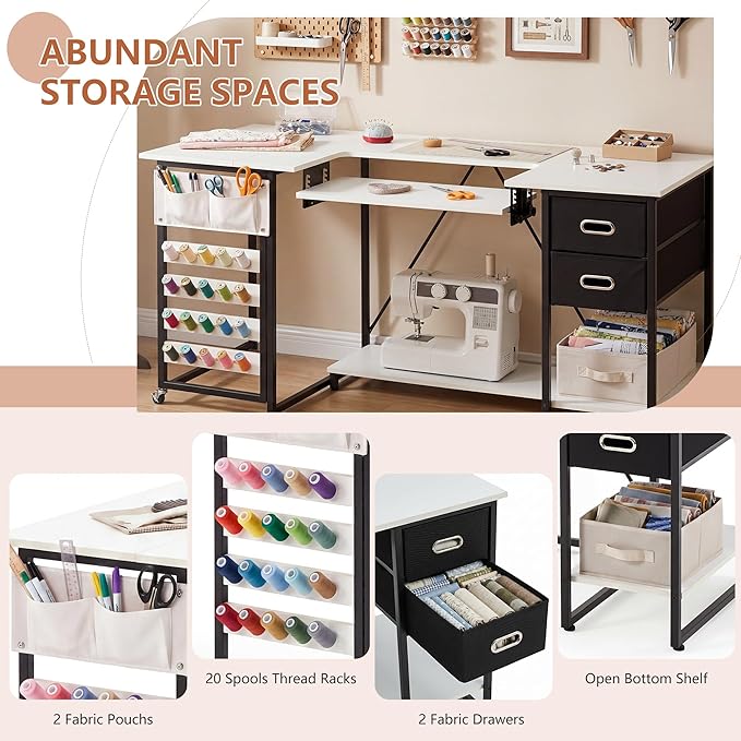 59" Folding Sewing Table with Adjustable Tabletop and Foldable Side Shelf | - Image 4