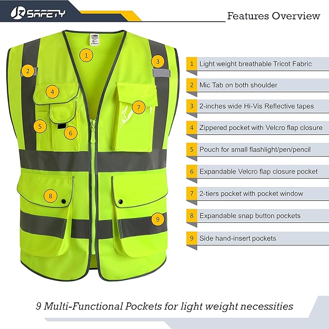 JKSafety 9 Pockets Class 2 High Visibility Zipper Front Safety Vest With Reflective Strips,Meets ANSI/ISEA Standard (X-Large, Yellow)