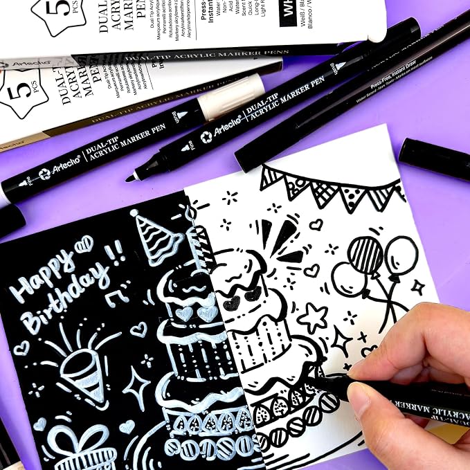 Artecho Dual Tip Acrylic Paint Pen White 5pcs set-Fine Tip and Brush Tip - Image 6