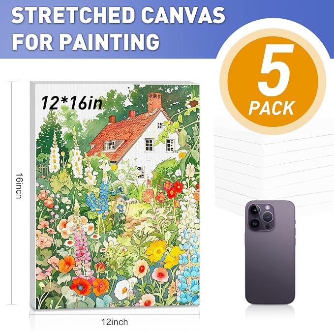 ESRICH 12x16 Stretched Canvas for Painting, 5 Pack Blank Canvases for Painting - Image 2