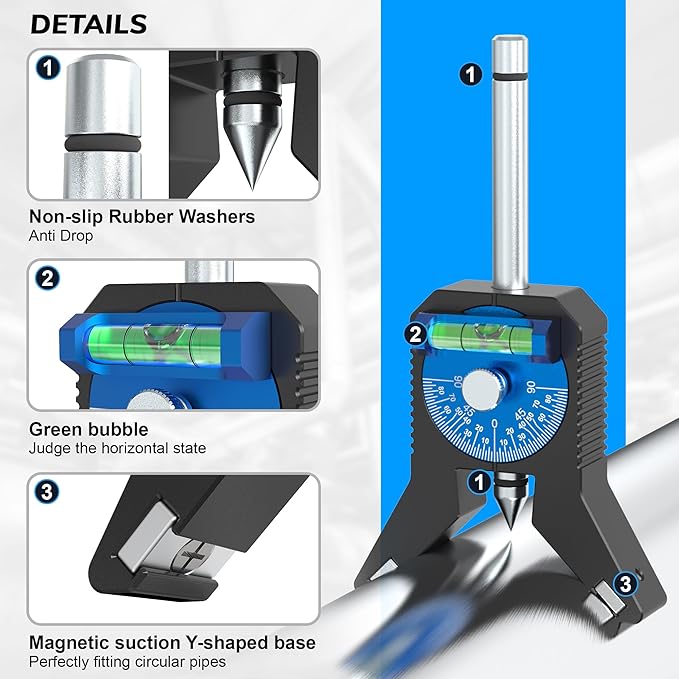 Pipe Center Finder, Pipe Marking Center Tool, Locate and Mark the Center of Pipes 0.8 Inches and Above, Y-shaped Base has Magnetic Design, Adjustable Dial Bubble Protractor without Tools