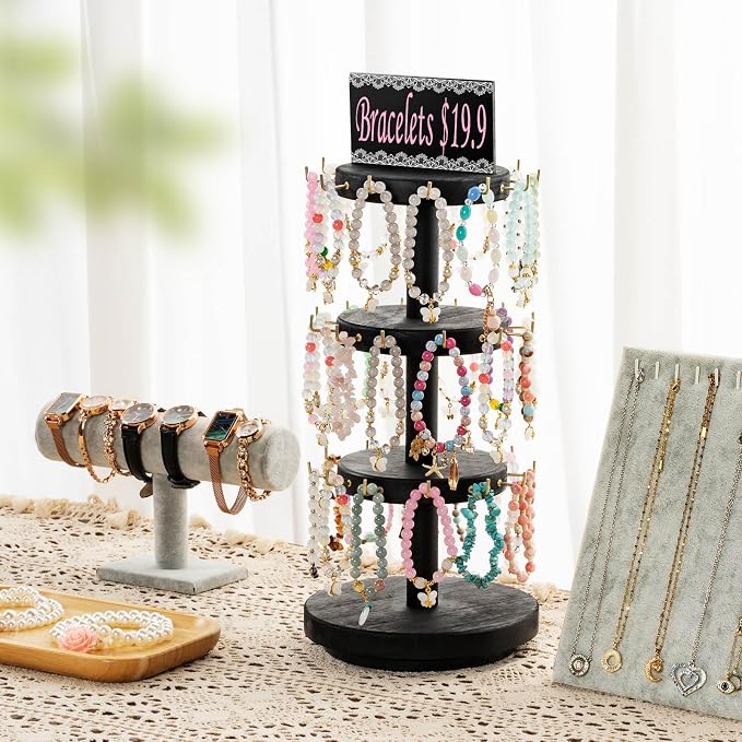 Pinzoveco Bracelet Holder, 3 Tier Wooden Rotating Bracelet Display Stand - Image 7