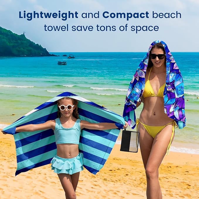 2 Pack Microfiber Beach Towel Oversized 71"x32" Sand Free Quick Dry Absorbent Lightweight Thin , Compact Towels for Travel Swimming Pool Yoga Gym Camping Beach Accessories Vacation Essentials Gift