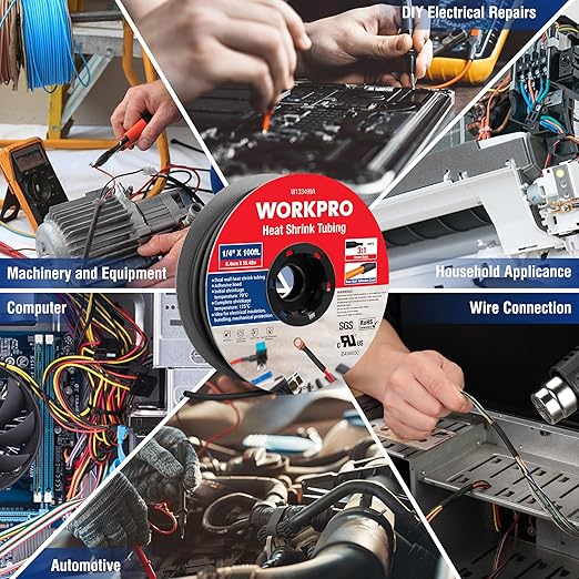 WORKPRO 100 FT 1/4" Heat Shrink Tubing, 3:1 Ratio Dual Wall Adhesive Lined Heat Wire Shrink Wrap Tubing, Industrial and Marine Grade Shrinking Cable Tube, Insulation Sealing and Flame Retardant
