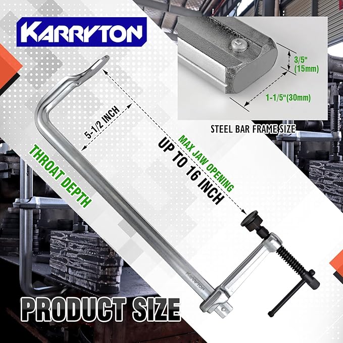 Heavy Duty 16" Inch F-Clamp w/Replaceable Pad, 5-1/2-Inch(140mm) Deep Throat, Drop Forged Steel F Style Bar Clamps for Welding, Bar Size 1-1/5" * 3/5", 2900LB Clamping Force