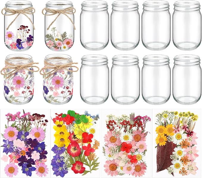Tinideya 154 Pcs DIY Pressed Flowers Mason Jar Set Pressed Flower Lanterns 12 by Tinideya