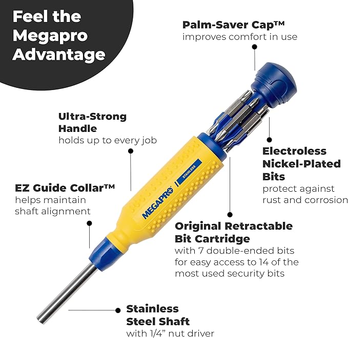 MEGAPRO® 15-in-1 Original Multi-bit Screwdriver | Home DIY & Repair | Construction | Tradeswork | 14 Industrial-grade bit tips | 1/4" Hex Drive in shaft (Stainless Steel)