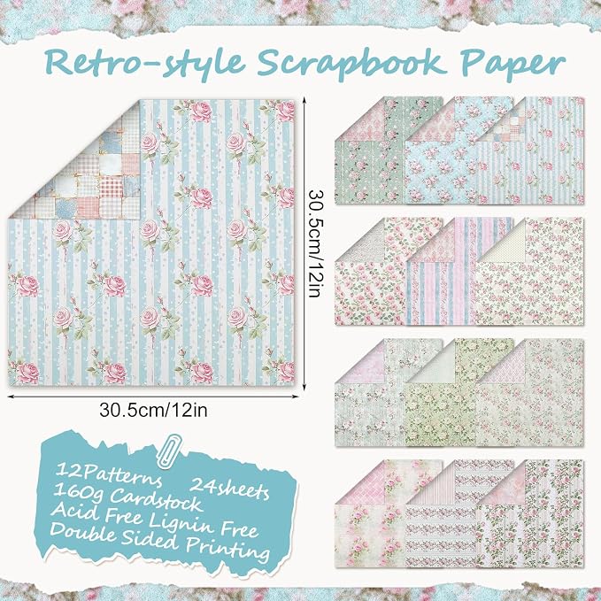 24 Sheets Scrapbook Paper Pink Vintage Floral Scrapbook Supplies | 11.4×11.4 - Image 2