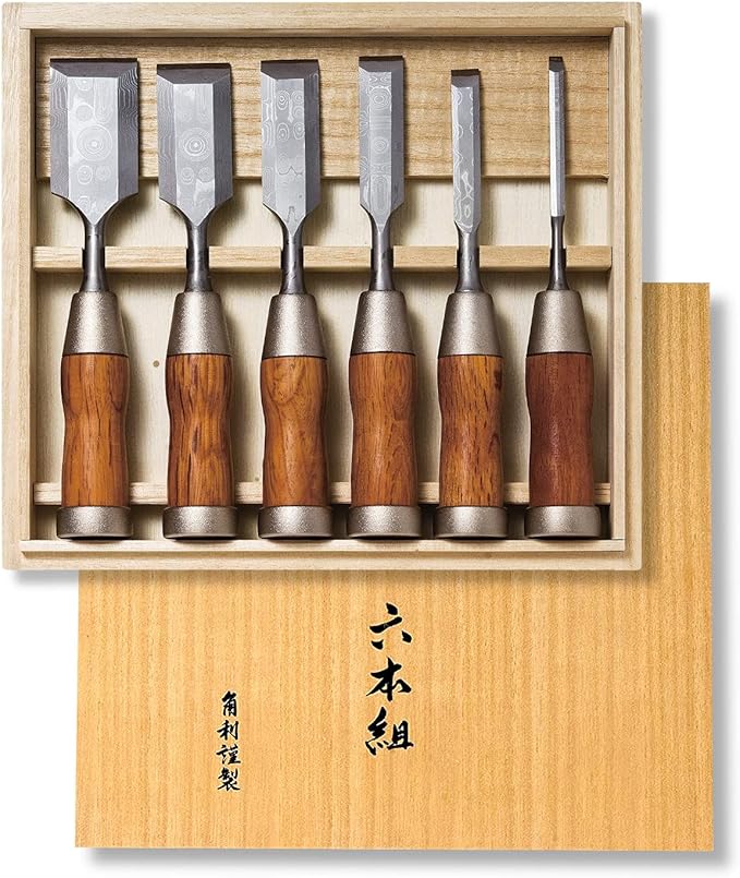 KAKURI Japanese Wood Chisel Set Damascus 6 Piece for Woodworking, Aogami Blue Steel No.2 Blade, Made in Japan [Japanese & Western Mixed Style]
