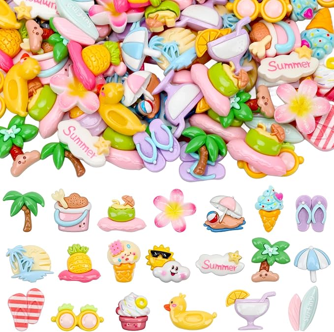 JUNEBRUSHS 80 Pcs Summer Resin Charms Flatback, Mini Beach Theme Resin Charms by JUNEBRUSHS