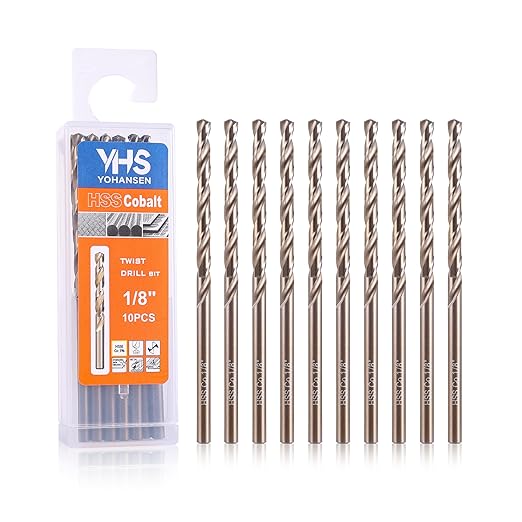 1/8 Inch Cobalt Drill Bits (10pcs), M35 High Speed Steel, 135 Degree Tip, Jobber Length Twist Drill Bit Set for Hard Metal, Stainless Steel, Cast Iron, Wood and Plastic, with Storage Case