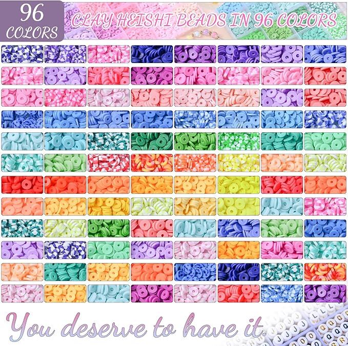 wuzoe Friendship Bracelet Kit, 96 Colors Polymer Clay Beads & 1200 Letter - Image 2
