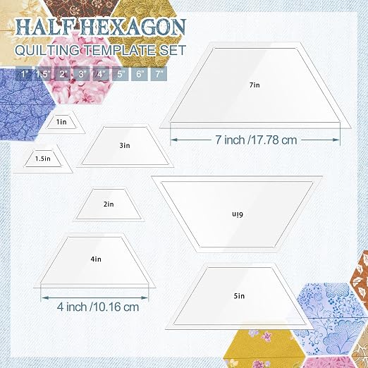 Kigley 8 Pcs Half Hexagon Quilting Templates and Rulers 1/1.5/2/3/4/5/6/7 Inch - Image 2