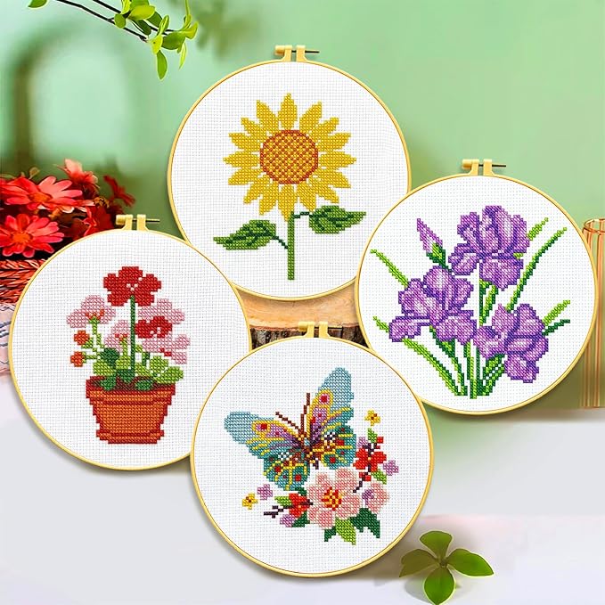 Zhenqing 4 Pack Floral Stamped Cross Stitch Kit, 11CT Printed Iris Sunflower - Image 2