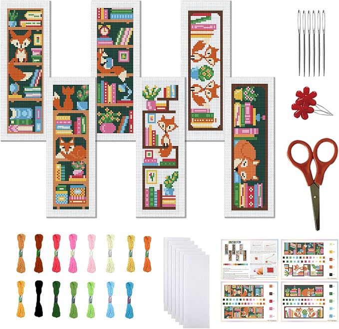 FREEBLOSS 6 Set Cross Stitch Bookmark Kits Fox Bookshelf Pattern Stamped by FreeandCreativeCraftsArt