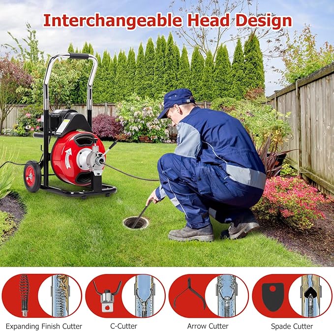 100 FT x 3/8 Inch Drain Cleaner Machine with 370W Motor, Auto Feed Sewer Snake Auger with 8 Cutters & Air-activated Foot Switch, Semi-Enclosed Drum Drain Cleaning Tool for 2" to 4" Pipes