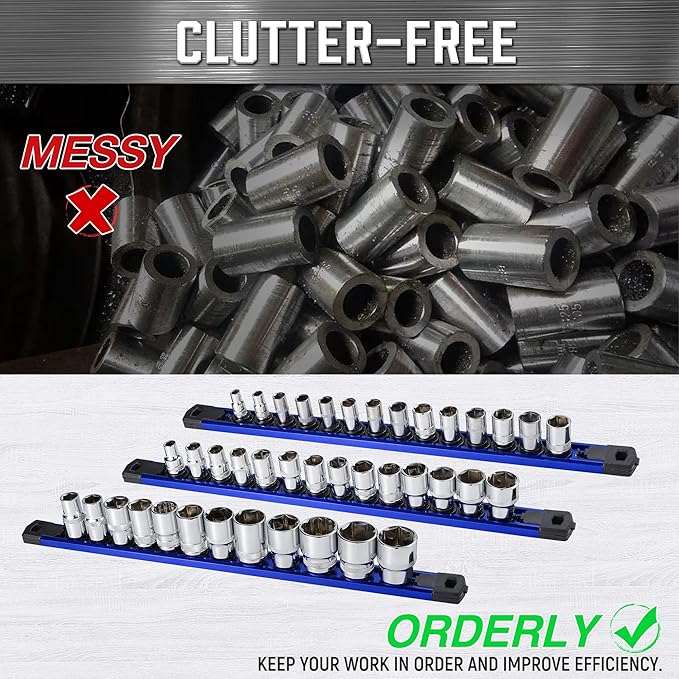 ALOANES 3-Piece Magnetic Socket Organizer, Heavy Duty Aluminum Socket Rails Organizer, 360° Swivel Clips Socket Holder Kit for Tool Box, 1/2, 3/8, 1/4-Inch Socket Holder x 40 Clips (Blue)
