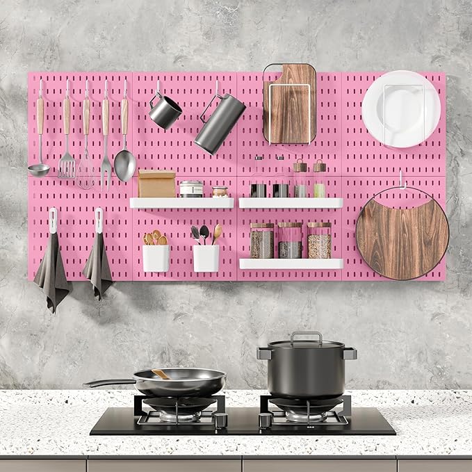 Pegboard Combination Kit, Wall Mounted Storage Set with 8 Pegboards & 32 Accessories Hanging, Pink Peg Boards Organizer for Walls Display, Crafts Organization, Kitchen Organizer, 22" x 44"