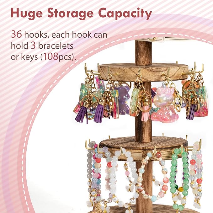 Pinzoveco Bracelet Holder, 3 Tier Wooden Rotating Bracelet Display Stand - Image 5