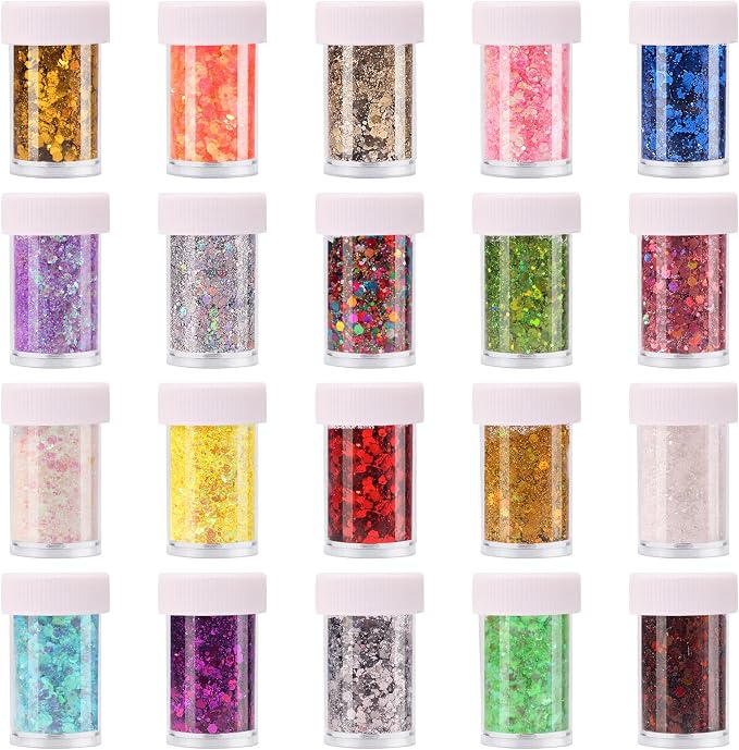 20 Assorted Colors Holographic Chunky and Fine Mixed Glitter, Shake Jar by LICOOL+GLITTER