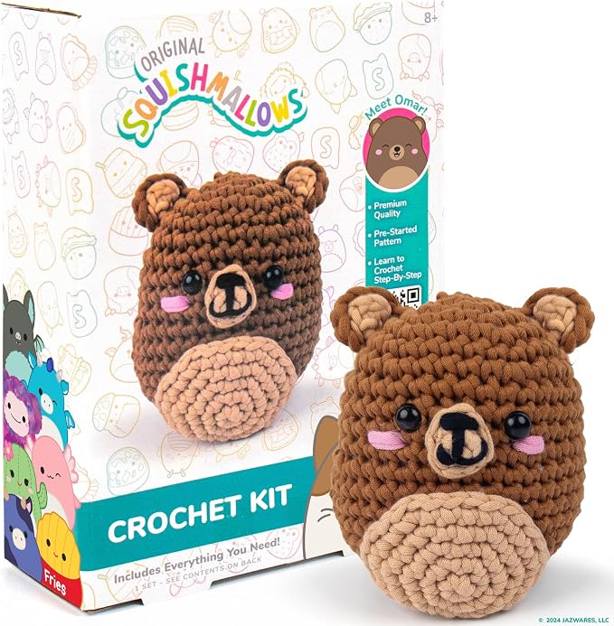 Original Squishmallows Omar the Bear Crochet Kit, Includes Yarn, Crochet Hook by HorizonGroupUSA
